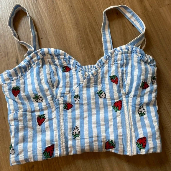 Anthropologie Blue & White Striped Strawberry Embroidered Cropped Tank - Picture 3 of 9